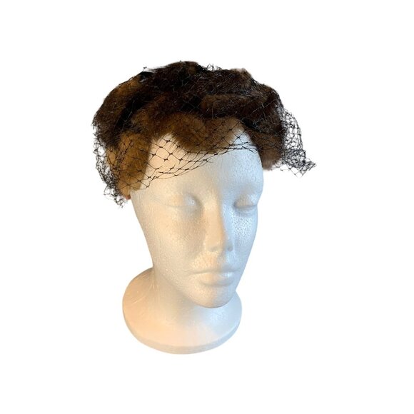 Ladies Black and Mauve Satin Fur and Netting Hat Union Made Vintage